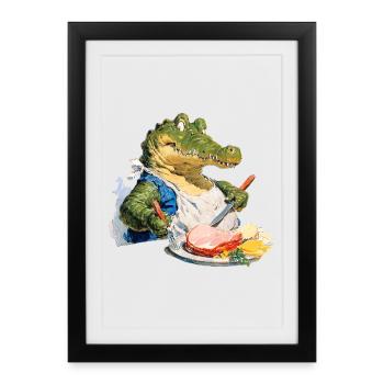Hungry alligator with steak on the plate - Framed poster (27 × 37 cm) - black - Front
