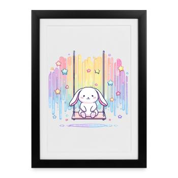Lapin pastel sur un arc-en-ciel de balançoire - Affiche encadrée (27 × 37 cm) - noir - Devant