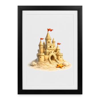 Château de sable sur la plage avec des coquillages - Affiche encadrée (27 × 37 cm) - noir - Devant
