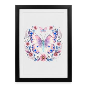 Papillon pastel dans une couronne de fleurs - Affiche encadrée (27 × 37 cm) - noir - Devant