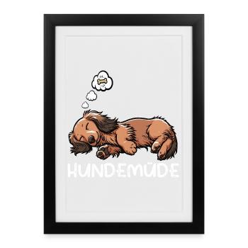Hundemüde Langhaardackel Dackel Dackelhalter  - Gerahmtes Poster (27 × 37 cm) - Schwarz - Vorne