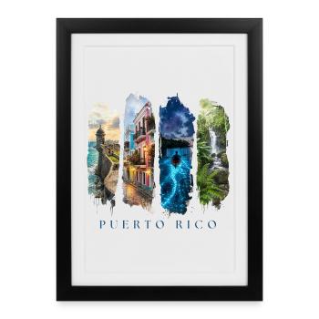 Puerto Rico Travel – Karibik Stadt & Kultur Motiv - Gerahmtes Poster (27 × 37 cm) - Schwarz - Vorne