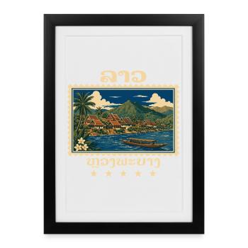 Laos Luang Prabang Marque de voyage vintage - Affiche encadrée (27 × 37 cm) - noir - Devant
