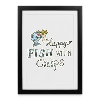 Poisson avec des frites! Nourriture délicieuse dicton drôle - Affiche encadrée (27 × 37 cm) - noir - Devant