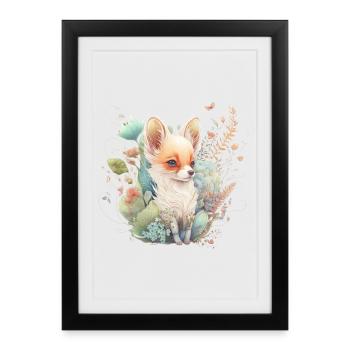 Renard Aquarelle Fleurs - Affiche encadrée (27 × 37 cm) - noir - Devant