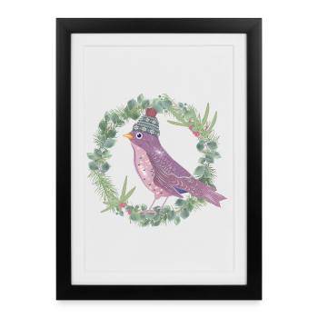 Oiseau au gui et à l’eucalyptus dans l’ambiance hivernale - Affiche encadrée (27 × 37 cm) - noir - Devant