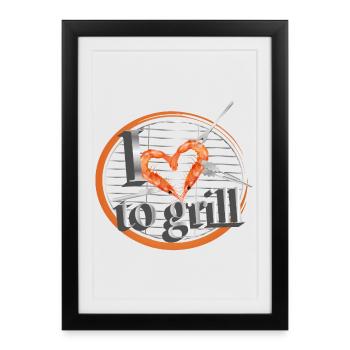 Un grill avec des couverts en forme de cœur et des crevettes - Affiche encadrée (27 × 37 cm) - noir - Devant