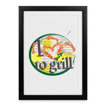A barbecue with lemons and prawns in the shape of a heart - Framed poster (27 × 37 cm) - black - Front