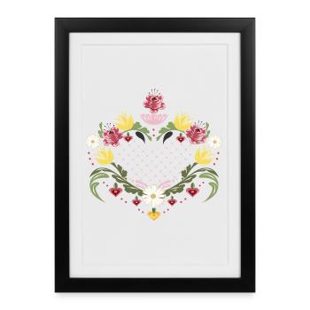 Coeur délicat avec des fleurs – Inspiré de la peinture paysanne - Affiche encadrée (27 × 37 cm) - noir - Devant