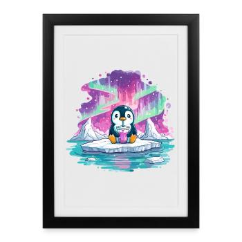 Pingouin sur glace avec boisson rose - Affiche encadrée (27 × 37 cm) - noir - Devant