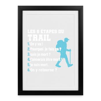 Les 6 étapes du trail humour trail running - Affiche encadrée (27 × 37 cm) - noir - Devant