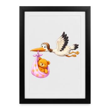 Baby Mädchen Storch mit Teddy im Tuch Geschenk - Gerahmtes Poster (27 × 37 cm) - Schwarz - Vorne