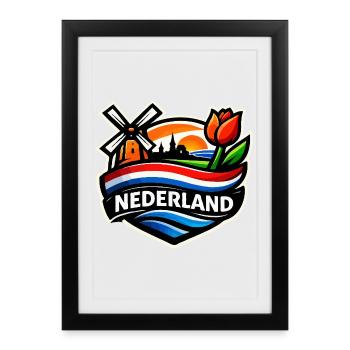 Lever de soleil hollandais avec tulipes moulin à vent - Affiche encadrée (27 × 37 cm) - noir - Devant