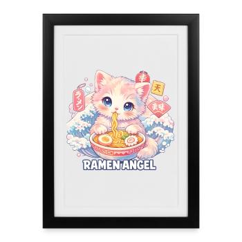 Japan Katze Ramen Nudel Retro Welle Motiv - Gerahmtes Poster (27 × 37 cm) - Schwarz - Vorne