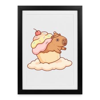 Motif sucré de cupcake capybara sur nuage - Affiche encadrée (27 × 37 cm) - noir - Devant