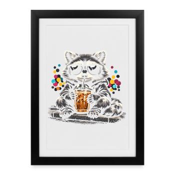Raton laveur buvant du café glacé sucré mignon - Affiche encadrée (27 × 37 cm) - noir - Devant