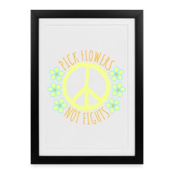 Cueillez des fleurs, pas des disputes, fleurs Paix Logo drôle - Affiche encadrée (27 × 37 cm) - noir - Devant