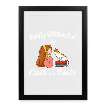 Facilement distrait par les chats et les livres - Affiche encadrée (27 × 37 cm) - noir - Devant