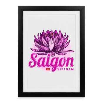 Saigon Ho Chi Minh-Ville HCMC Vietnam Retro Lotus - Affiche encadrée (27 × 37 cm) - noir - Devant
