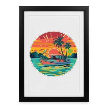 Retro Boat Sunset Tropics - Affiche encadrée (27 × 37 cm) - noir - Devant