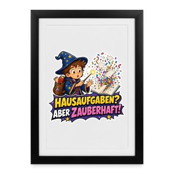 Hausaufgaben Aber Zauberhaft Zauberer Kind Spruch - Gerahmtes Poster (27 × 37 cm) - Schwarz - Vorne