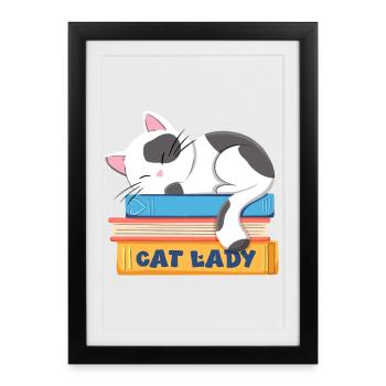 La dame aux chats qui dort un chat dans les livres - Affiche encadrée (27 × 37 cm) - noir - Devant