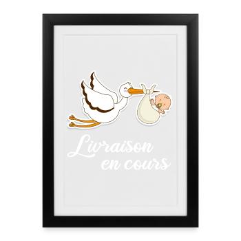 Livraison en cours cigogne grossesse - Affiche encadrée (27 × 37 cm) - noir - Devant