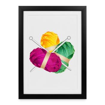 three colorful balls of wool with knitting needles - Framed poster (27 × 37 cm) - black - Front