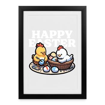 Happy Easter – Cute chicks paint Easter eggs - Framed poster (27 × 37 cm) - black - Front