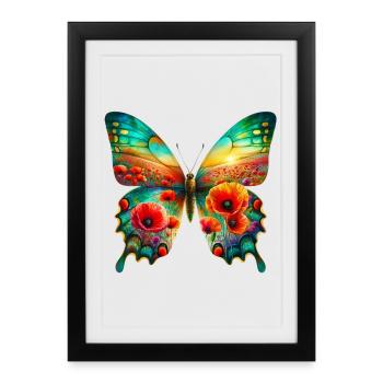 Papillon fleurs coquelicot champ de pavot - Affiche encadrée (27 × 37 cm) - noir - Devant