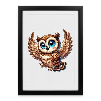 Hibou mignon avec des yeux bleus et des ailes d’ange - Affiche encadrée (27 × 37 cm) - noir - Devant