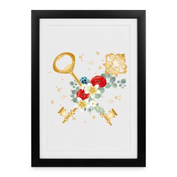 Crossed keys with flowers in gold style - Framed poster (27 × 37 cm) - black - Front