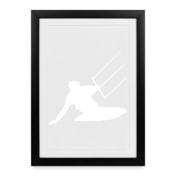 Kitesurfeur silhouette mer vagues aventure - Affiche encadrée (27 × 37 cm) - noir - Devant