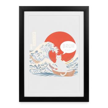 Bruh Cat Esthétique Vague Japonaise - Affiche encadrée (27 × 37 cm) - noir - Devant