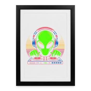 Alien DJ with headphones and turntable - Framed poster (27 × 37 cm) - black - Front