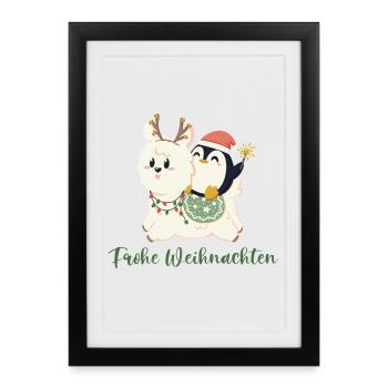 Merry Christmas wishes alpaca and penguin - Framed poster (27 × 37 cm) - black - Front