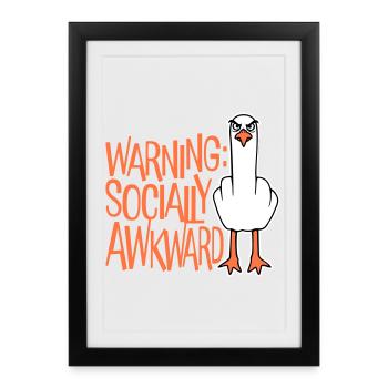 Avertissement : mouette socialement maladroite, majeur coquin - Affiche encadrée (27 × 37 cm) - noir - Devant
