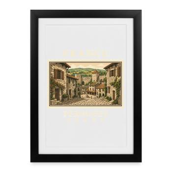 Frankreich Pérouges Vintage Reisemarke - Gerahmtes Poster (27 × 37 cm) - Schwarz - Vorne