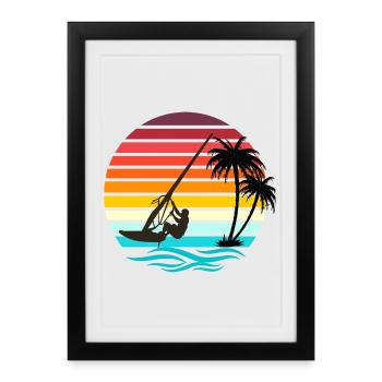 Windsurfer - Rétro Vintage Sunset - Affiche encadrée (27 × 37 cm) - noir - Devant