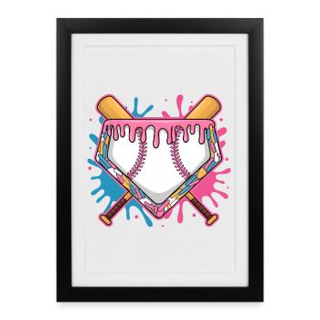 Plaque de baseball avec glaçage rose et batte - Affiche encadrée (27 × 37 cm) - noir - Devant