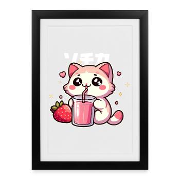Kawaii kitten drinking strawberry smoothie - Framed poster (27 × 37 cm) - black - Front