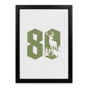 Chasseur 80e anniversaire Chasse 80 ans Nombre Cerf - Affiche encadrée (27 × 37 cm) - noir - Devant