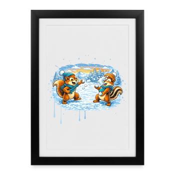 Drôle de bataille de boules de neige avec des tamias - Affiche encadrée (27 × 37 cm) - noir - Devant