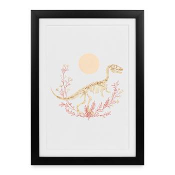 Boho T-Rex Skelett mit Mond & floralen Linien - Gerahmtes Poster (27 × 37 cm) - Schwarz - Vorne