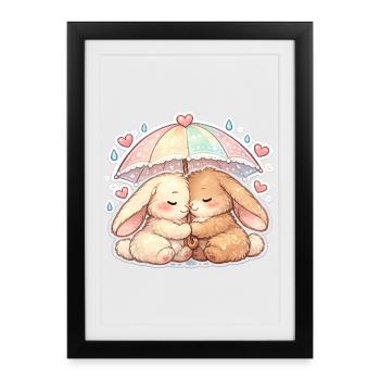 Kuschelige Regenkaninchen unter Schirm - Gerahmtes Poster (27 × 37 cm) - Schwarz - Vorne