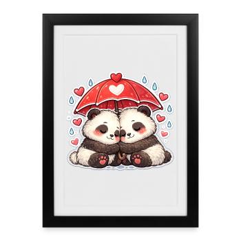 Panda couple under red umbrella - Framed poster (27 × 37 cm) - black - Front