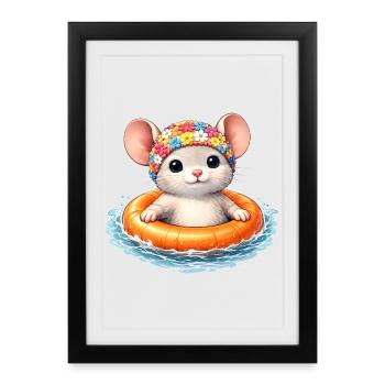 Cute mouse with swimming ring in water - Framed poster (27 × 37 cm) - black - Front