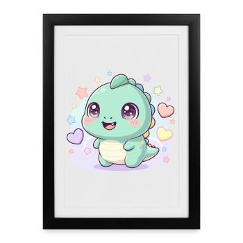 Dino Kawaii pastel avec étoile - Affiche encadrée (27 × 37 cm) - noir - Devant