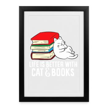 Pile douillette de Chat et Livres - Affiche encadrée (27 × 37 cm) - noir - Devant