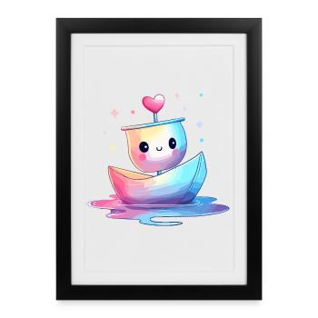 Bateau cœur coloré Kawaii - Affiche encadrée (27 × 37 cm) - noir - Devant